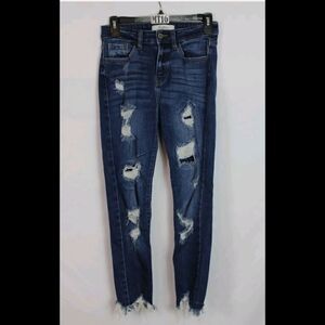 Kancan Estilo Skinny Distressed Dark Wash Denim Blue Jeans Size 26 DESTROYED HEM